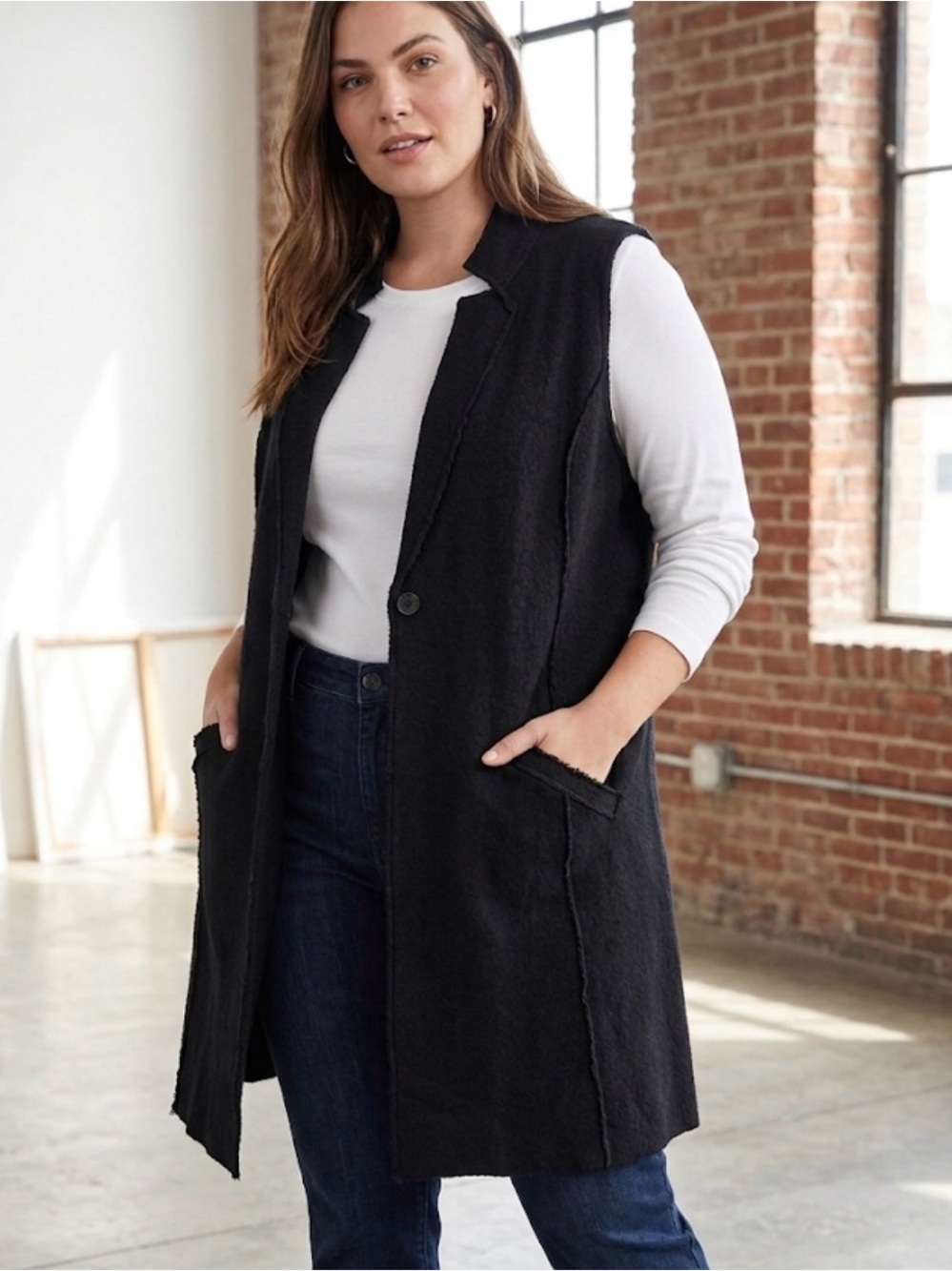 Chico's Minimalist Black 100% Wool Raw Edge Longline Waistcoat Duster Vest 3